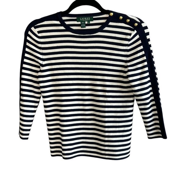 Lauren Ralph Lauren Navy Blue White Nautical Stripe Silk Blend Sweater Small P - Picture 1 of 6